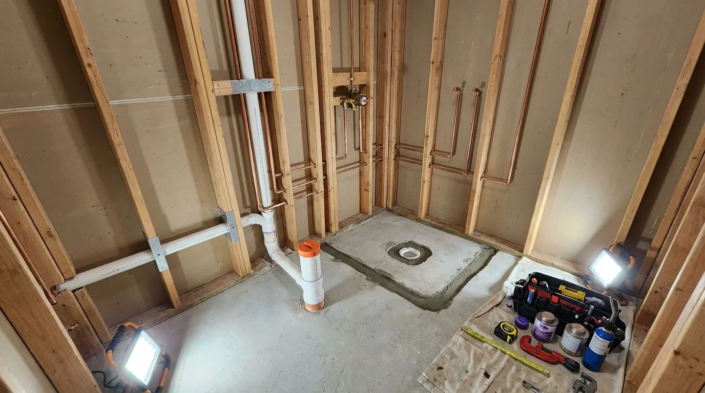 Bathroom rough-in plumbing during remodel by Johns Plumbing LLC in Crystal Springs