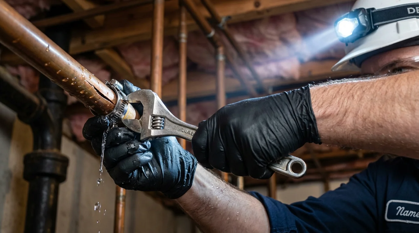 Emergency pipe clamp repair being performed by a Johns Plumbing LLC plumber in Crystal Springs