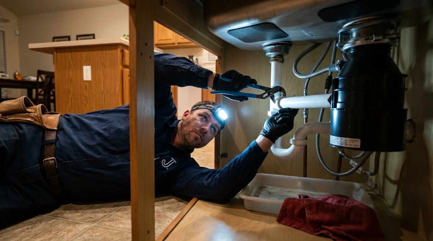 P-trap and supply line connections under a kitchen sink showing a common leak point in Crystal Springs, MS